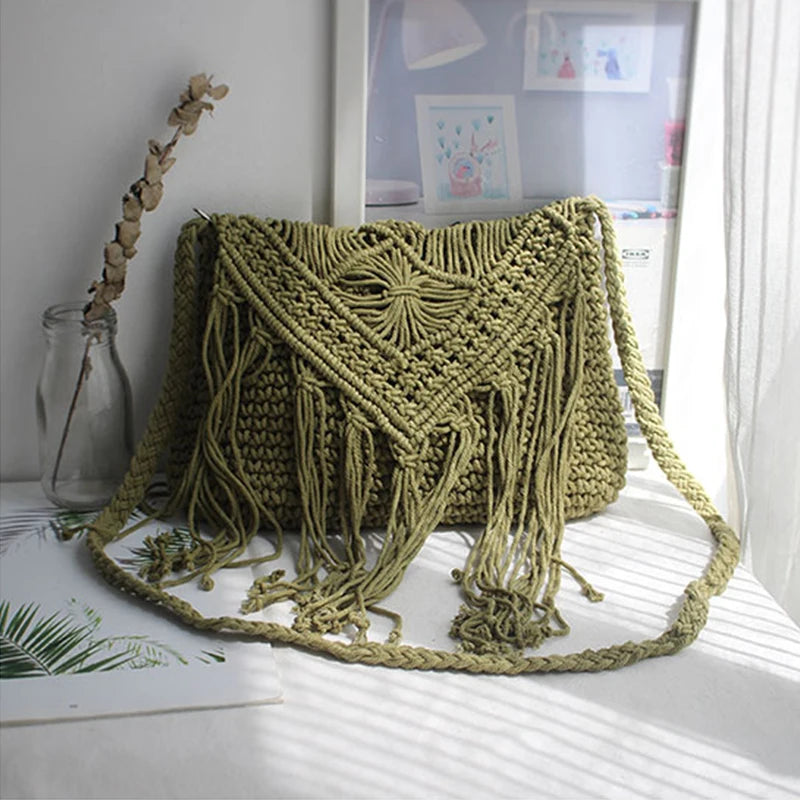 Handmade Cotton Woven Knitted Tassel Crossbody Bag Vintage Shoulder Messenger Bag Female Fashion Beach Summer Handbags for Women