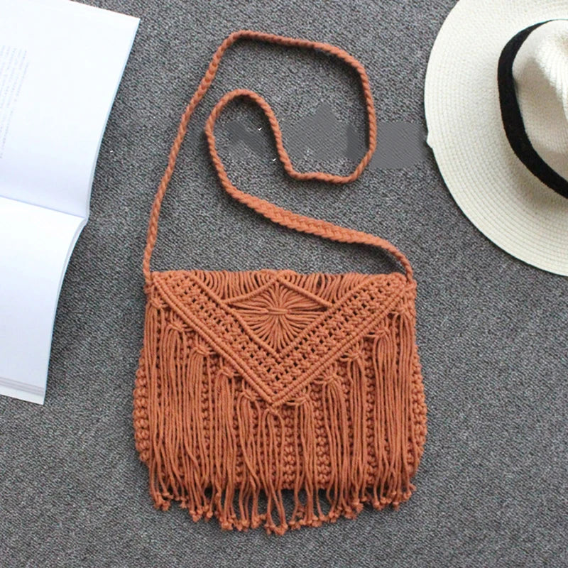 Handmade Cotton Woven Knitted Tassel Crossbody Bag Vintage Shoulder Messenger Bag Female Fashion Beach Summer Handbags for Women