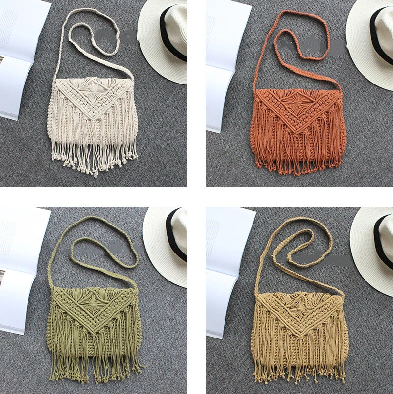 Handmade Cotton Woven Knitted Tassel Crossbody Bag Vintage Shoulder Messenger Bag Female Fashion Beach Summer Handbags for Women