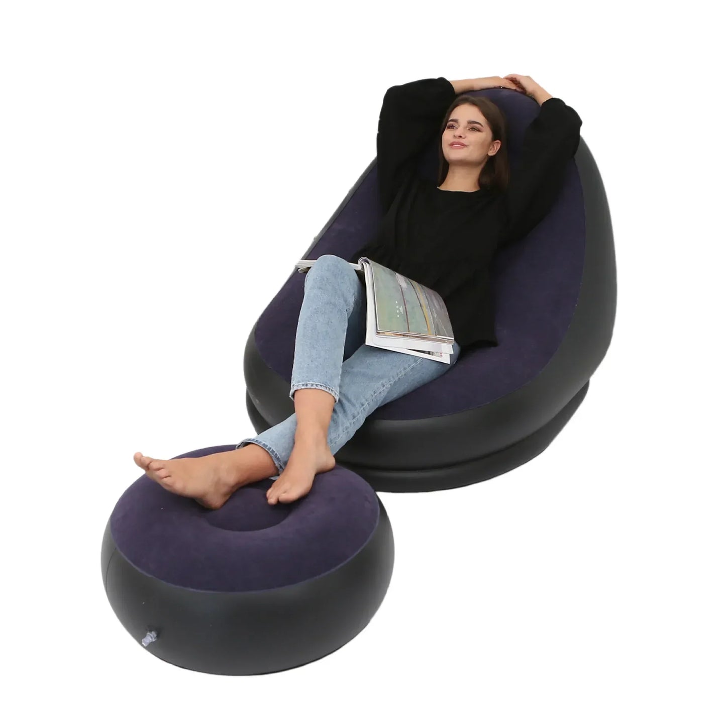 Lazy Sofa Inflatable PVC Flocking Foldable Recliner Outdoor Convenient Lying Chair with Footstool Plush Sofa Beach Park Air Bed