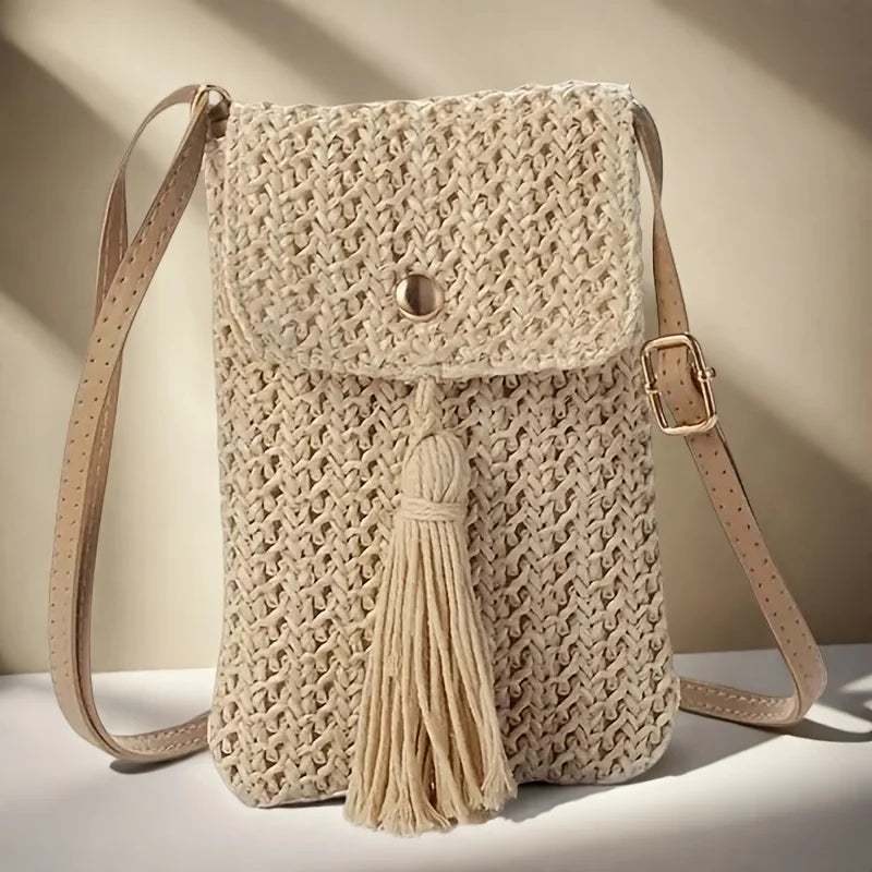 Beachside Mobile Phone Bag and Coin, Tassel Woven Women's Mini Shoulder Crossbody Bag, Very Suitable for Daily Travel Shoppin