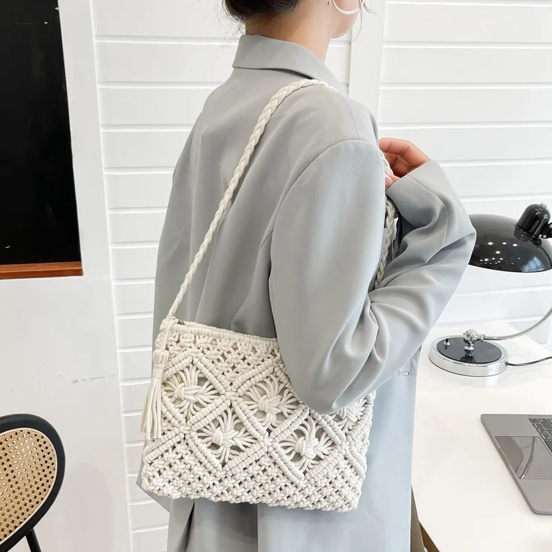 Handmade Cotton Woven Knitted Tassel Crossbody Bag Vintage Shoulder Messenger Bag Female Fashion Beach Summer Handbags for Women