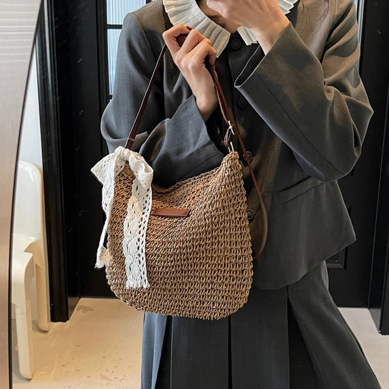 Ladies Fashion Summer Straw Crossbody Bag Women Beach Holiday Shopping Woven Shoulder Handbag Purses For Women Bags