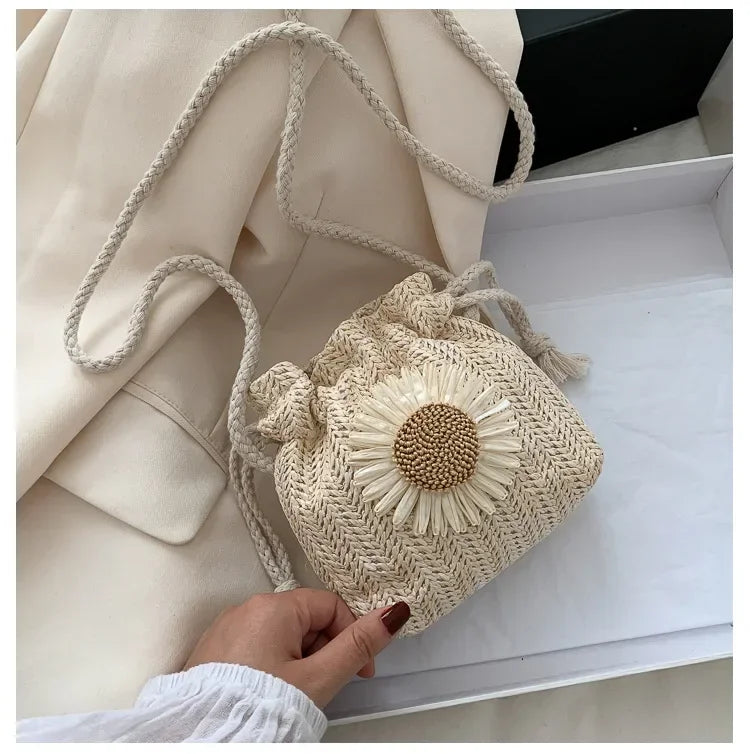 1-2PCS Fashion Shoulder Bags Women Straw Drawstring Bucket Bag Flower Embroidery Beach Bags Summer Ladies Crossbody Handbags