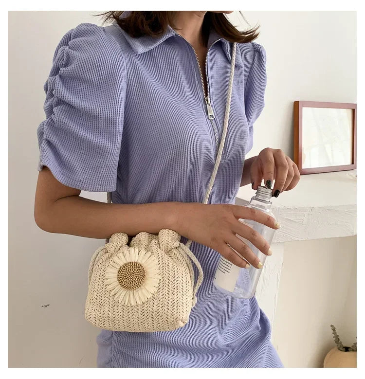1-2PCS Fashion Shoulder Bags Women Straw Drawstring Bucket Bag Flower Embroidery Beach Bags Summer Ladies Crossbody Handbags