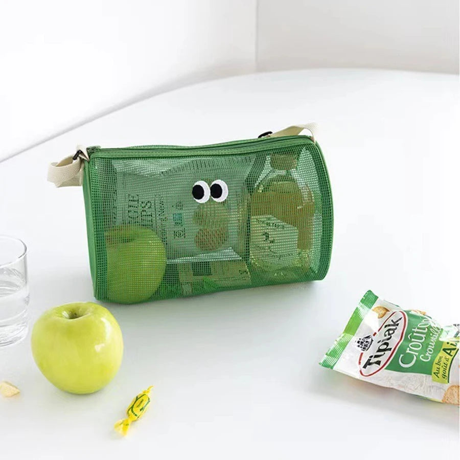 Cylindrical mesh makeup bag, travel crossbody beach swimming bag, hollowed out toiletries storage bag