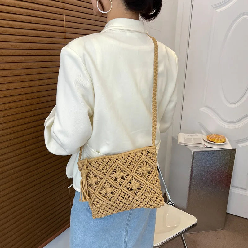 Handmade Cotton Woven Knitted Tassel Crossbody Bag Vintage Shoulder Messenger Bag Female Fashion Beach Summer Handbags for Women