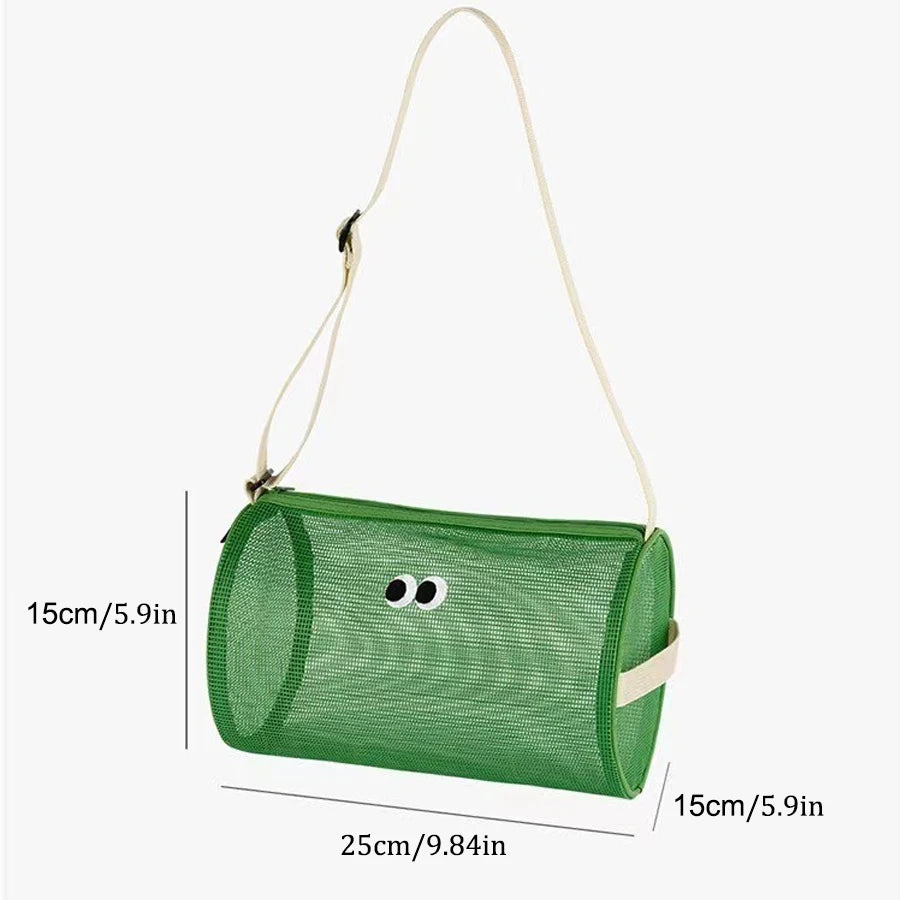 Cylindrical mesh makeup bag, travel crossbody beach swimming bag, hollowed out toiletries storage bag