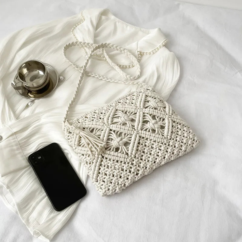 Handmade Cotton Woven Knitted Tassel Crossbody Bag Vintage Shoulder Messenger Bag Female Fashion Beach Summer Handbags for Women
