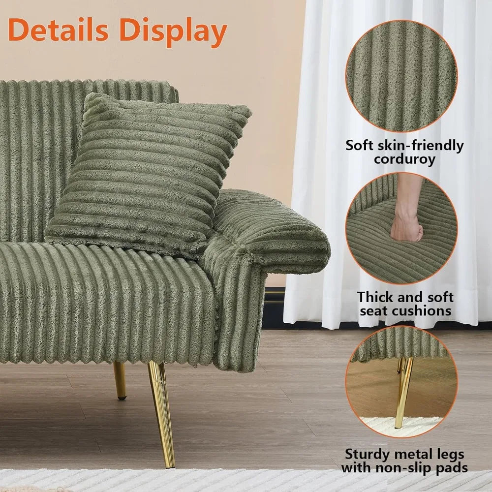 79 inch Corduroy Sofa Bed, Foldable Double Sofa Bed with Folding armrests, Suitable for Living Rooms and Small Spaces (Green)