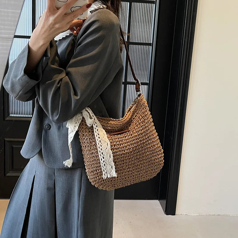 Ladies Fashion Summer Straw Crossbody Bag Women Beach Holiday Shopping Woven Shoulder Handbag Purses For Women Bags