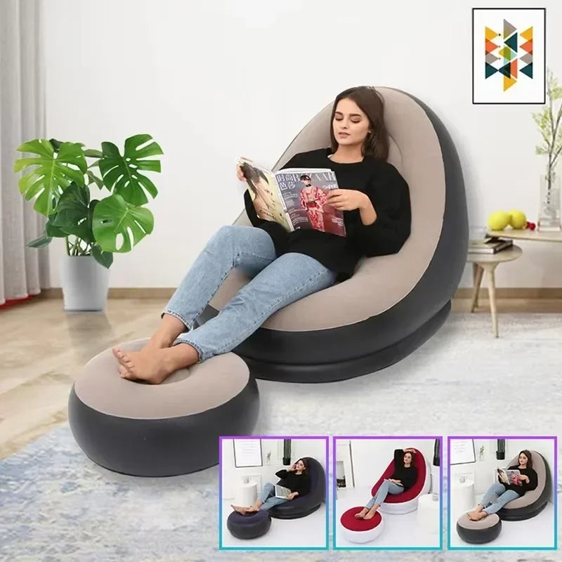 Lazy Sofa Inflatable PVC Flocking Foldable Recliner Outdoor Convenient Lying Chair with Footstool Plush Sofa Beach Park Air Bed