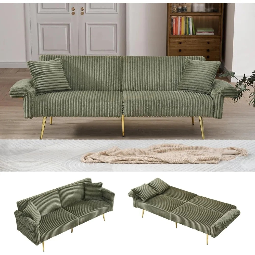 79 inch Corduroy Sofa Bed, Foldable Double Sofa Bed with Folding armrests, Suitable for Living Rooms and Small Spaces (Green)