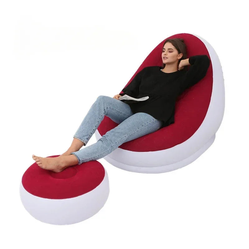 Lazy Sofa Inflatable PVC Flocking Foldable Recliner Outdoor Convenient Lying Chair with Footstool Plush Sofa Beach Park Air Bed