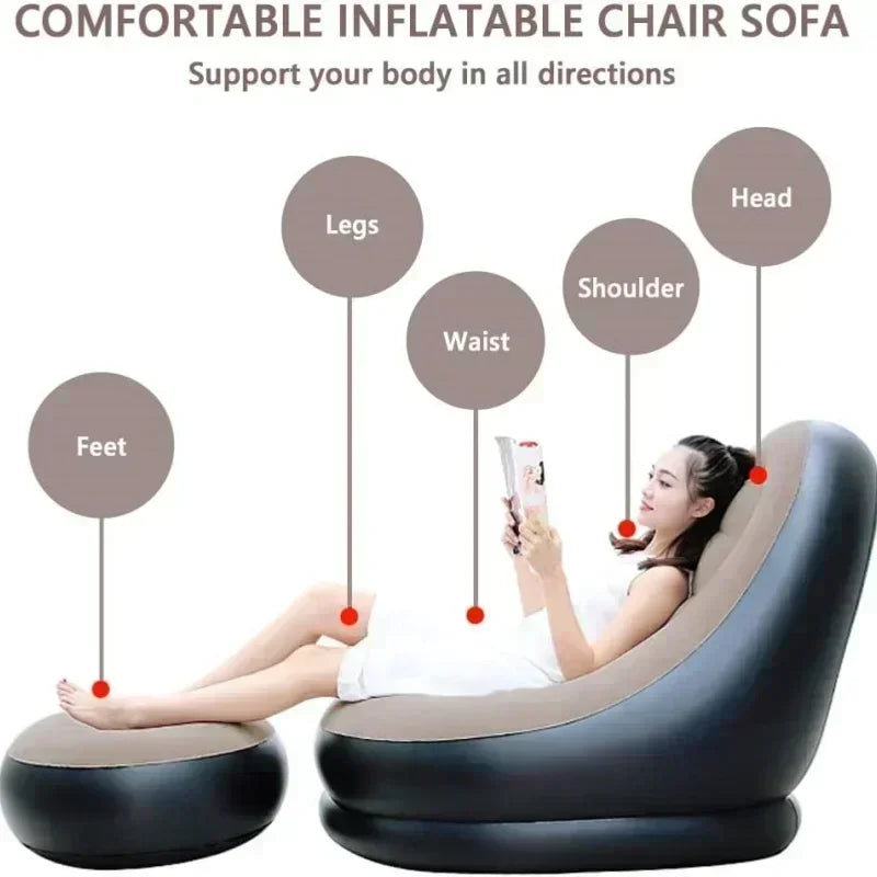 Lazy Sofa Inflatable PVC Flocking Foldable Recliner Outdoor Convenient Lying Chair with Footstool Plush Sofa Beach Park Air Bed