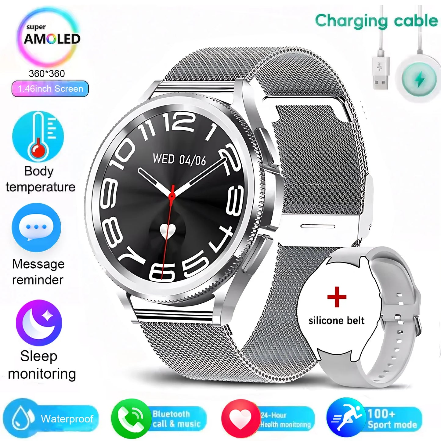 2025 New Watch 6 Smartwatch Men's AMOLED Always On Display Bluetooth Call GPS NFC Smart Watch Android IOS For Samsung Galaxy