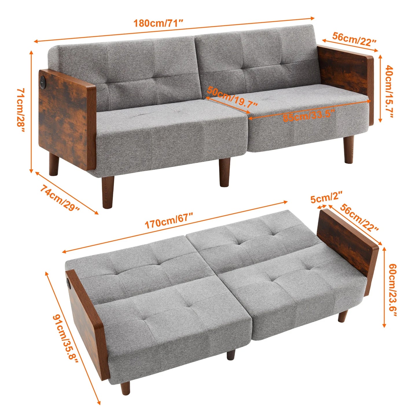 Sofa Bed Twin 71in Wide Cotton Fabric Cushion Back Upholstered Arm 14 Segments Adjustable Angle Lengthen Beige Sofa Bed Couch