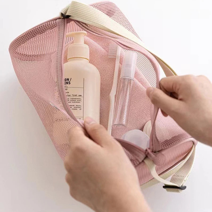 Cylindrical mesh makeup bag, travel crossbody beach swimming bag, hollowed out toiletries storage bag