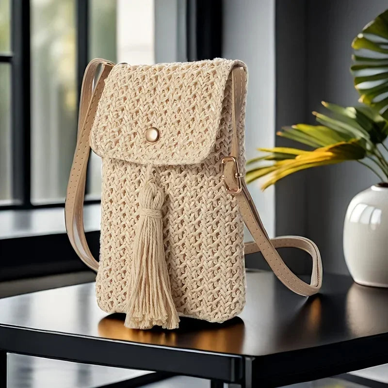 Beachside Mobile Phone Bag and Coin, Tassel Woven Women's Mini Shoulder Crossbody Bag, Very Suitable for Daily Travel Shoppin