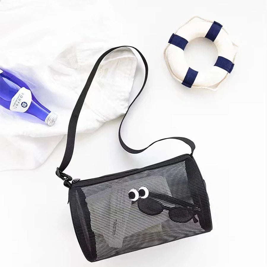 Cylindrical mesh makeup bag, travel crossbody beach swimming bag, hollowed out toiletries storage bag