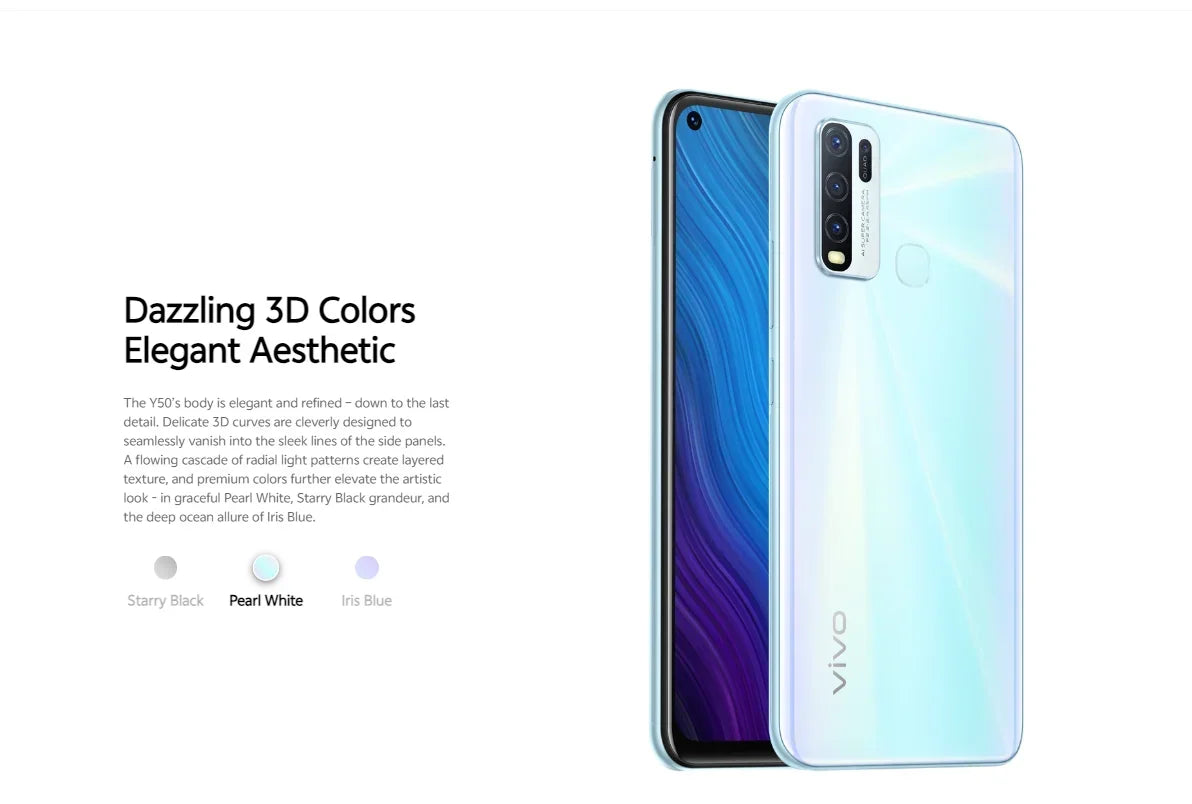 Original VIVO Y50 8GB 128GB 4 Cameras 5000mAh 6.51inch 2340x1080px CPU Snapdragon 13MP + 16MP Android 4G Smartphone