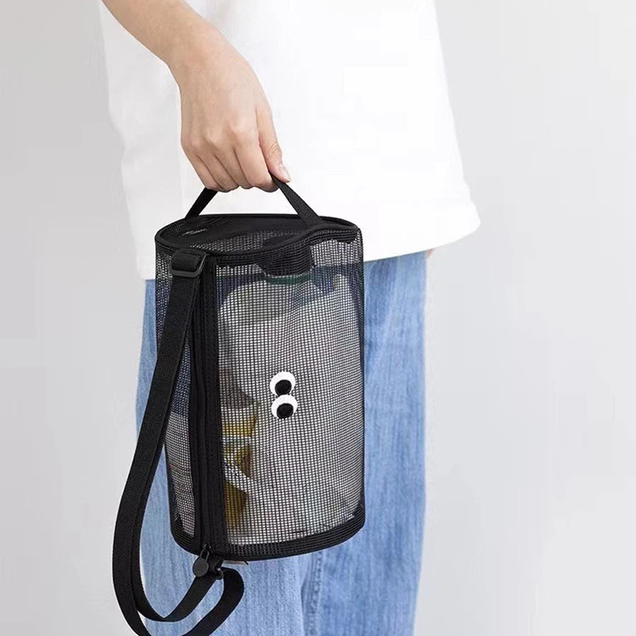 Cylindrical mesh makeup bag, travel crossbody beach swimming bag, hollowed out toiletries storage bag