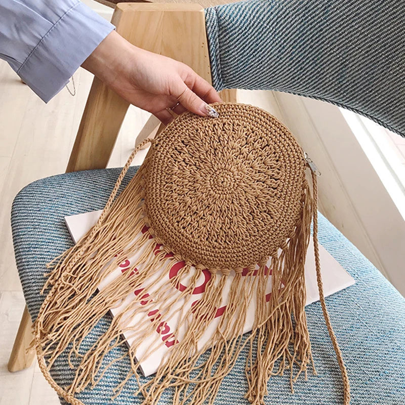 Handmade Cotton Woven Knitted Tassel Crossbody Bag Vintage Shoulder Messenger Bag Female Fashion Beach Summer Handbags for Women