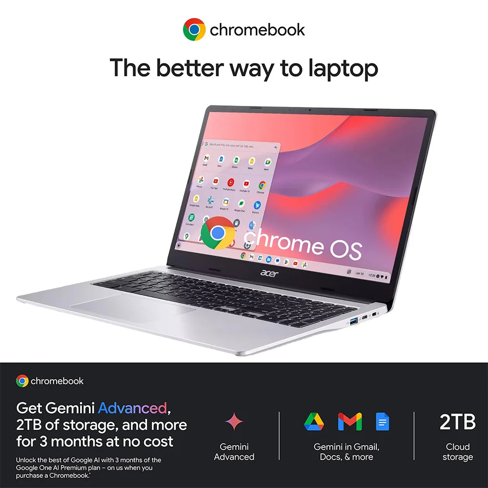 Acer 15.6" Chromebook 315 Laptop,Intel Pentium N6000,4GB RAM,384GB Storage(128GB eMMC+256GB Micro SD),HD Webcam,WiFi6,Chrome OS