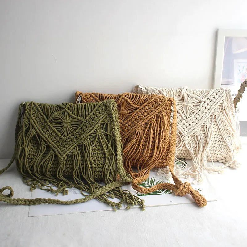 Handmade Cotton Woven Knitted Tassel Crossbody Bag Vintage Shoulder Messenger Bag Female Fashion Beach Summer Handbags for Women