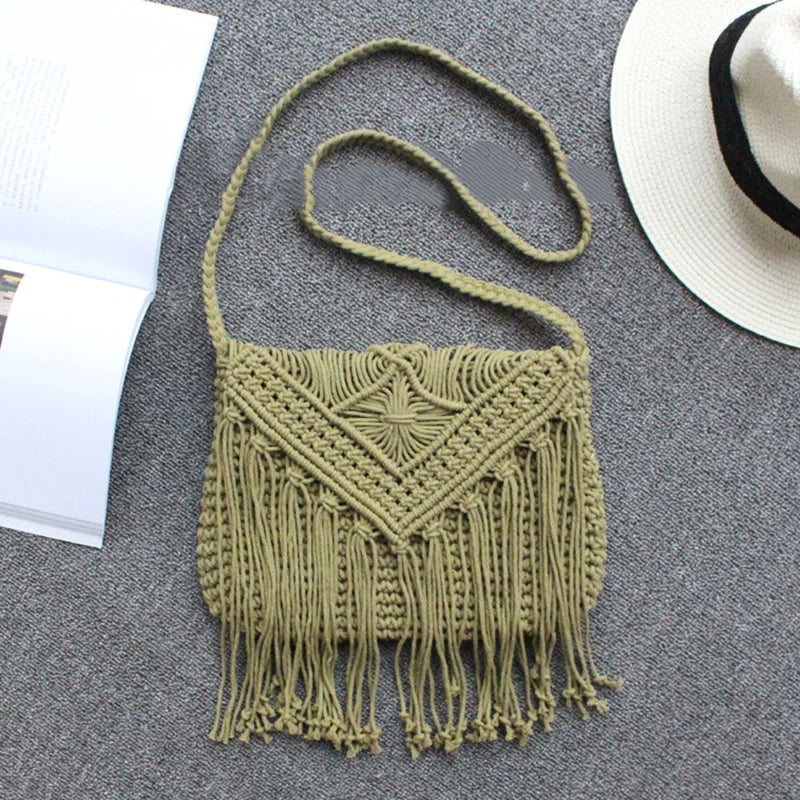 Handmade Cotton Woven Knitted Tassel Crossbody Bag Vintage Shoulder Messenger Bag Female Fashion Beach Summer Handbags for Women