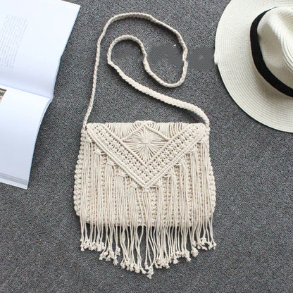 Handmade Cotton Woven Knitted Tassel Crossbody Bag Vintage Shoulder Messenger Bag Female Fashion Beach Summer Handbags for Women