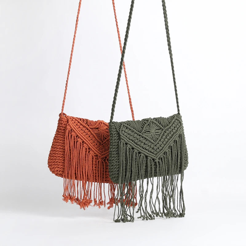 Handmade Cotton Woven Knitted Tassel Crossbody Bag Vintage Shoulder Messenger Bag Female Fashion Beach Summer Handbags for Women
