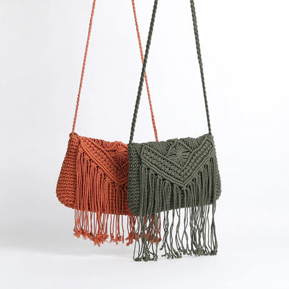 Handmade Cotton Woven Knitted Tassel Crossbody Bag Vintage Shoulder Messenger Bag Female Fashion Beach Summer Handbags for Women