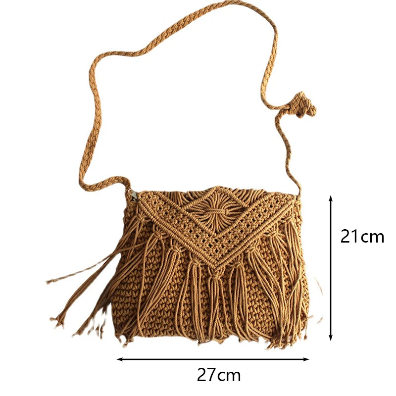 Handmade Cotton Woven Knitted Tassel Crossbody Bag Vintage Shoulder Messenger Bag Female Fashion Beach Summer Handbags for Women