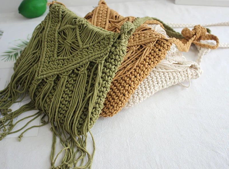 Handmade Cotton Woven Knitted Tassel Crossbody Bag Vintage Shoulder Messenger Bag Female Fashion Beach Summer Handbags for Women