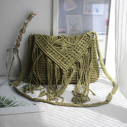 Handmade Cotton Woven Knitted Tassel Crossbody Bag Vintage Shoulder Messenger Bag Female Fashion Beach Summer Handbags for Women