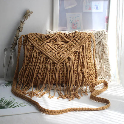 Handmade Cotton Woven Knitted Tassel Crossbody Bag Vintage Shoulder Messenger Bag Female Fashion Beach Summer Handbags for Women