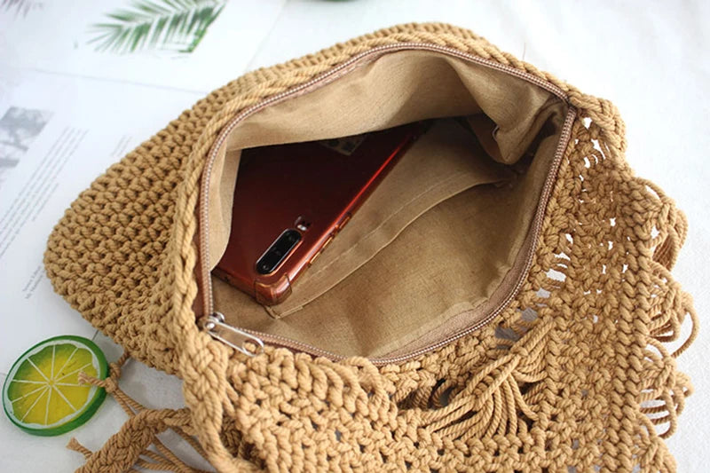Handmade Cotton Woven Knitted Tassel Crossbody Bag Vintage Shoulder Messenger Bag Female Fashion Beach Summer Handbags for Women
