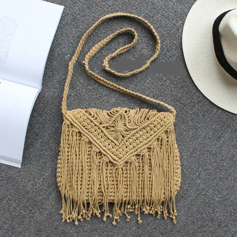 Handmade Cotton Woven Knitted Tassel Crossbody Bag Vintage Shoulder Messenger Bag Female Fashion Beach Summer Handbags for Women