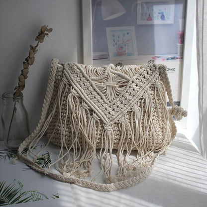 Handmade Cotton Woven Knitted Tassel Crossbody Bag Vintage Shoulder Messenger Bag Female Fashion Beach Summer Handbags for Women