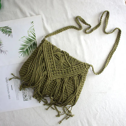 Handmade Cotton Woven Knitted Tassel Crossbody Bag Vintage Shoulder Messenger Bag Female Fashion Beach Summer Handbags for Women