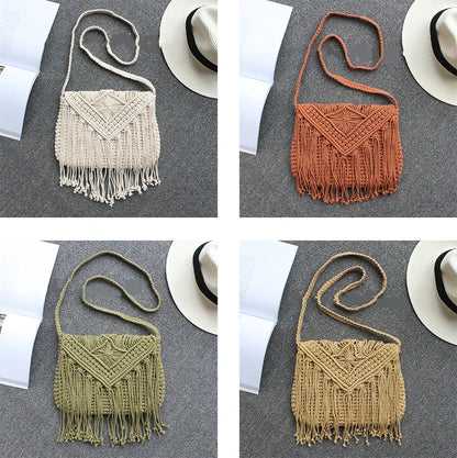 Handmade Cotton Woven Knitted Tassel Crossbody Bag Vintage Shoulder Messenger Bag Female Fashion Beach Summer Handbags for Women