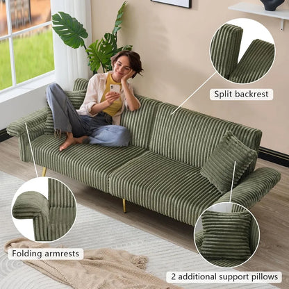 79 inch Corduroy Sofa Bed, Foldable Double Sofa Bed with Folding armrests, Suitable for Living Rooms and Small Spaces (Green)