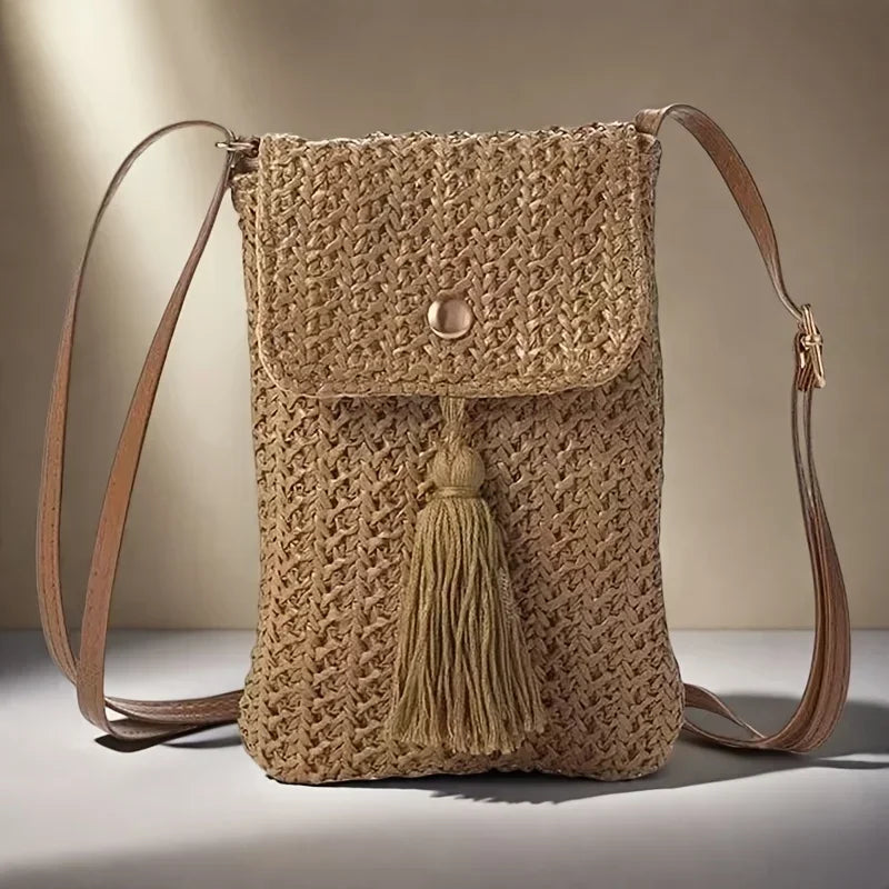 Beachside Mobile Phone Bag and Coin, Tassel Woven Women's Mini Shoulder Crossbody Bag, Very Suitable for Daily Travel Shoppin