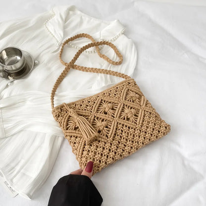 Handmade Cotton Woven Knitted Tassel Crossbody Bag Vintage Shoulder Messenger Bag Female Fashion Beach Summer Handbags for Women
