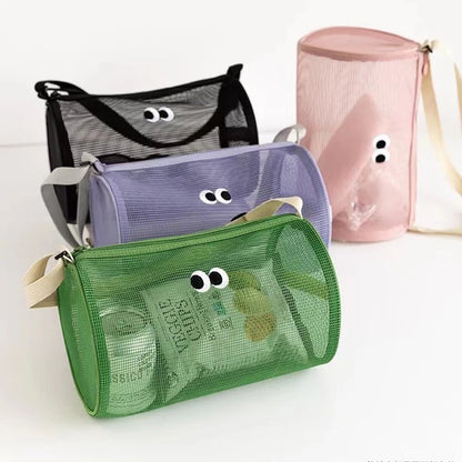 Cylindrical mesh makeup bag, travel crossbody beach swimming bag, hollowed out toiletries storage bag