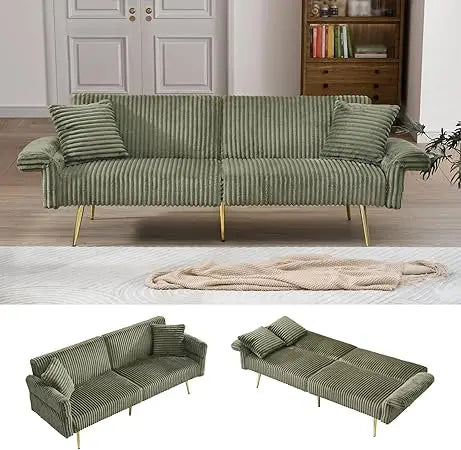 79 inch Corduroy Sofa Bed, Foldable Double Sofa Bed with Folding armrests, Suitable for Living Rooms and Small Spaces (Green)