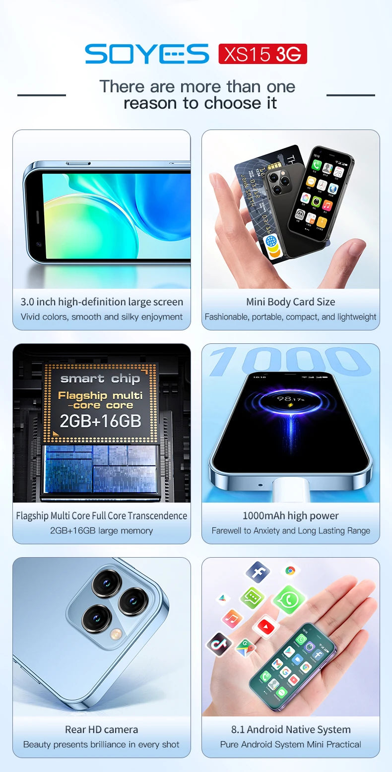 SOYES XS15 Blue 3G Mini Smartphone 3.0" HD Screen 2G RAM 16G ROM Dual SIM Standby Play Store Multiple colors available More Apps