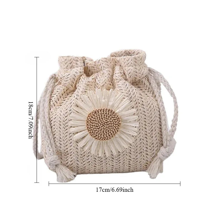 1-2PCS Fashion Shoulder Bags Women Straw Drawstring Bucket Bag Flower Embroidery Beach Bags Summer Ladies Crossbody Handbags