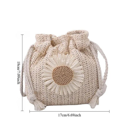 1-2PCS Fashion Shoulder Bags Women Straw Drawstring Bucket Bag Flower Embroidery Beach Bags Summer Ladies Crossbody Handbags